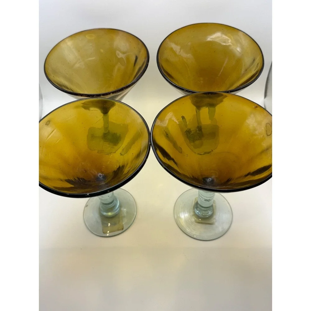 Hand Blown Amber Mexican Glass Martini Glasses Clear Stem‎ Seeded Glass Set of 4